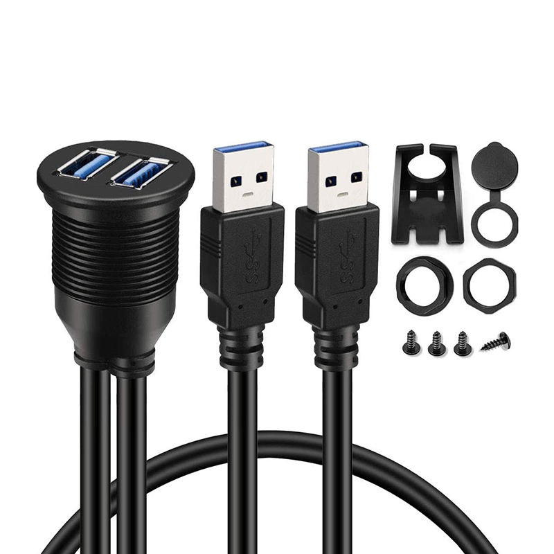 Dual Port USB A 3.0 Male To Female Automobile Ship Motorcycle Instrument Panel Mount Data Waterproof Extension Cable