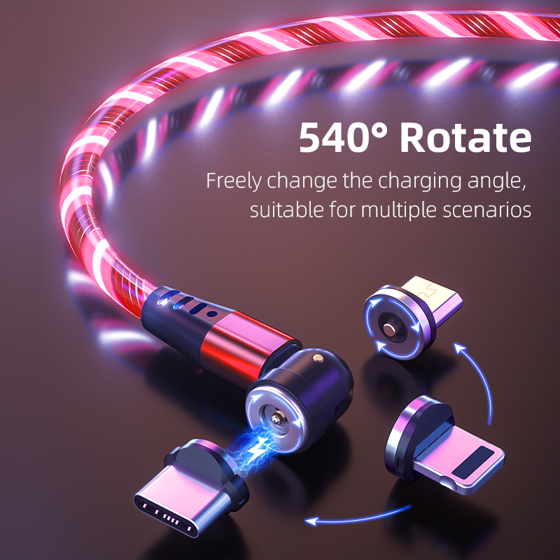 540 Rotate Luminous Magnetic Cable Fast Charging Mobile Phone Charge Cable For Xiaomi LED Micro USB Type C For iPhone Cable