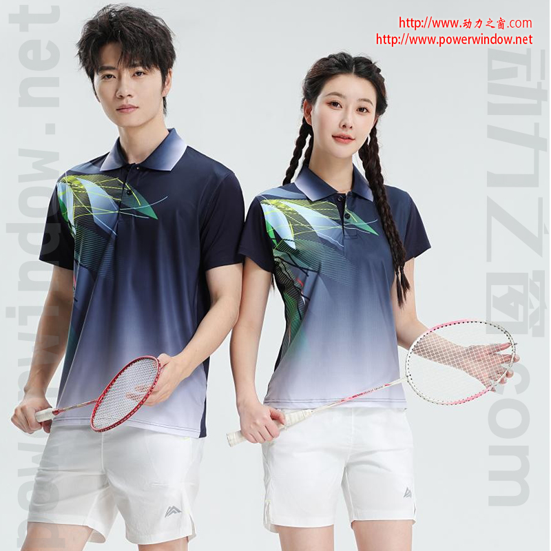 动力之窗时尚渐变网眼翻领羽毛球短袖运动套装男女运动服速干透气球衣排球服乒乓球服队服定制团体服印字LOGO