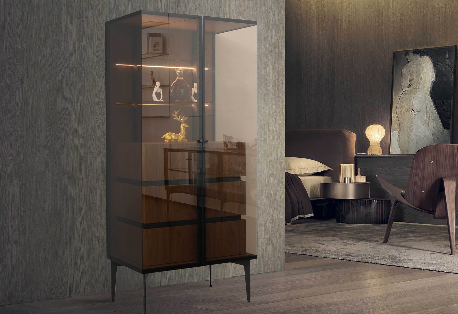 THREE DRAWERS WINGED GLASS CABINET