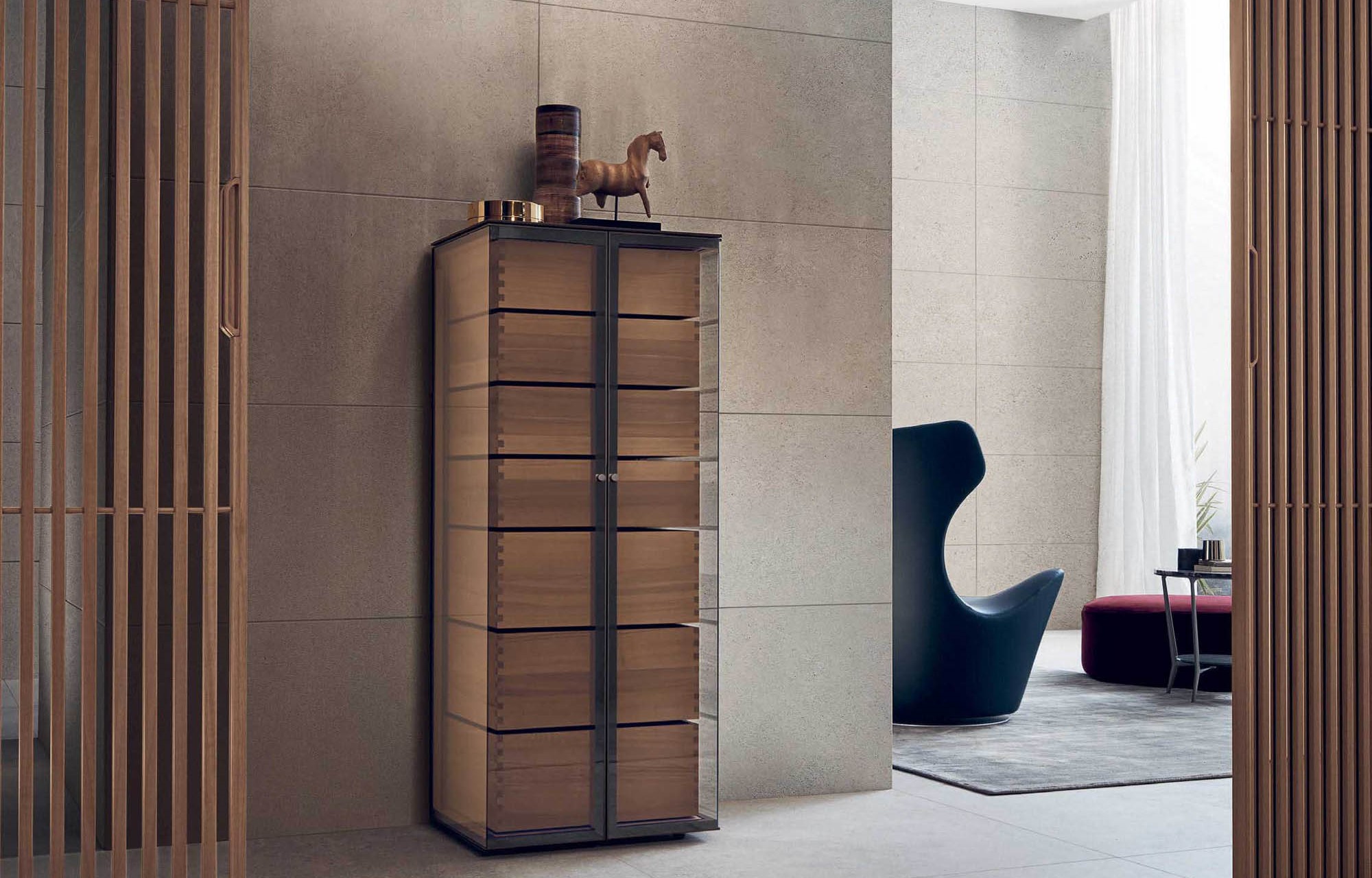 Seven drawers winged glass cabinet