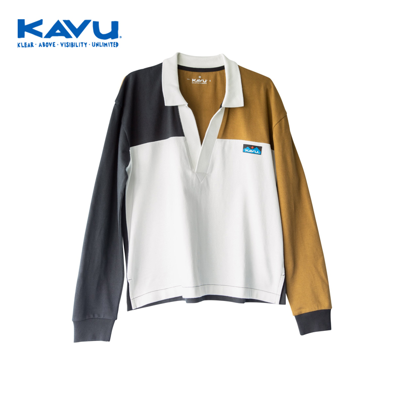 KAVU城市戶外個(gè)性時(shí)尚拼接V領(lǐng)橄欖球衫有機(jī)棉長(zhǎng)袖polo衫女士2166