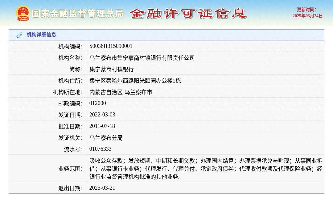 乌兰察布市集宁蒙商村镇银行有限责任公司获准退出，退出日期2025年3月21日