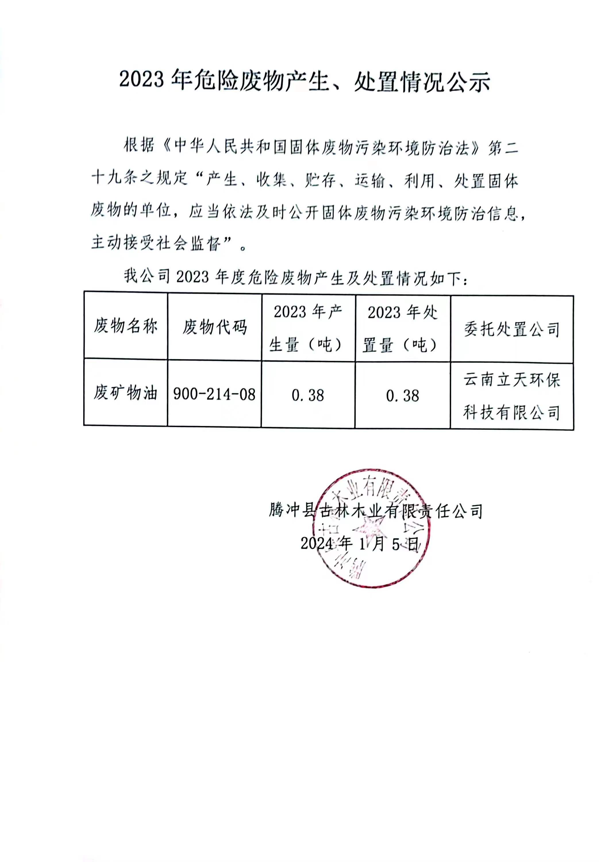 2023年危险废物产生、处置情况公示