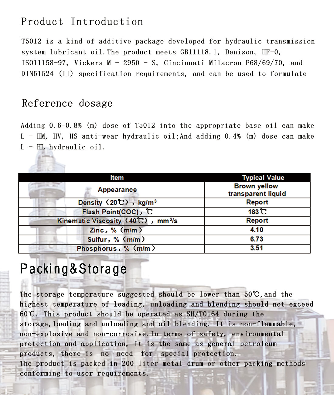 ZH5012 Anti-wear Hydraulic Oil Additive Package