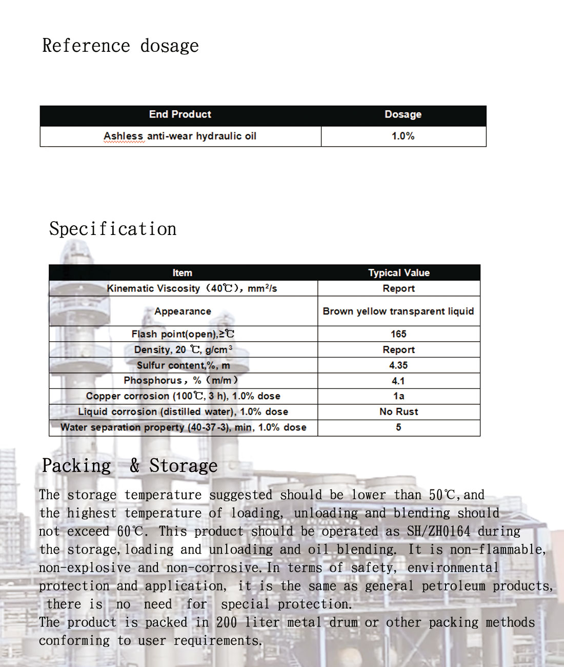 ZH5020 Ashless Anti-wear Hydraulic Oil Additive Package