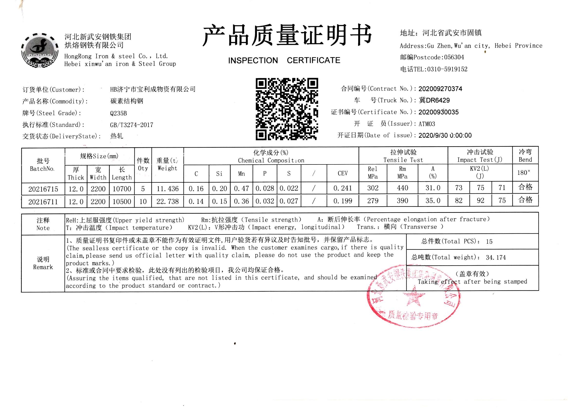 Carbon Steel Certificate