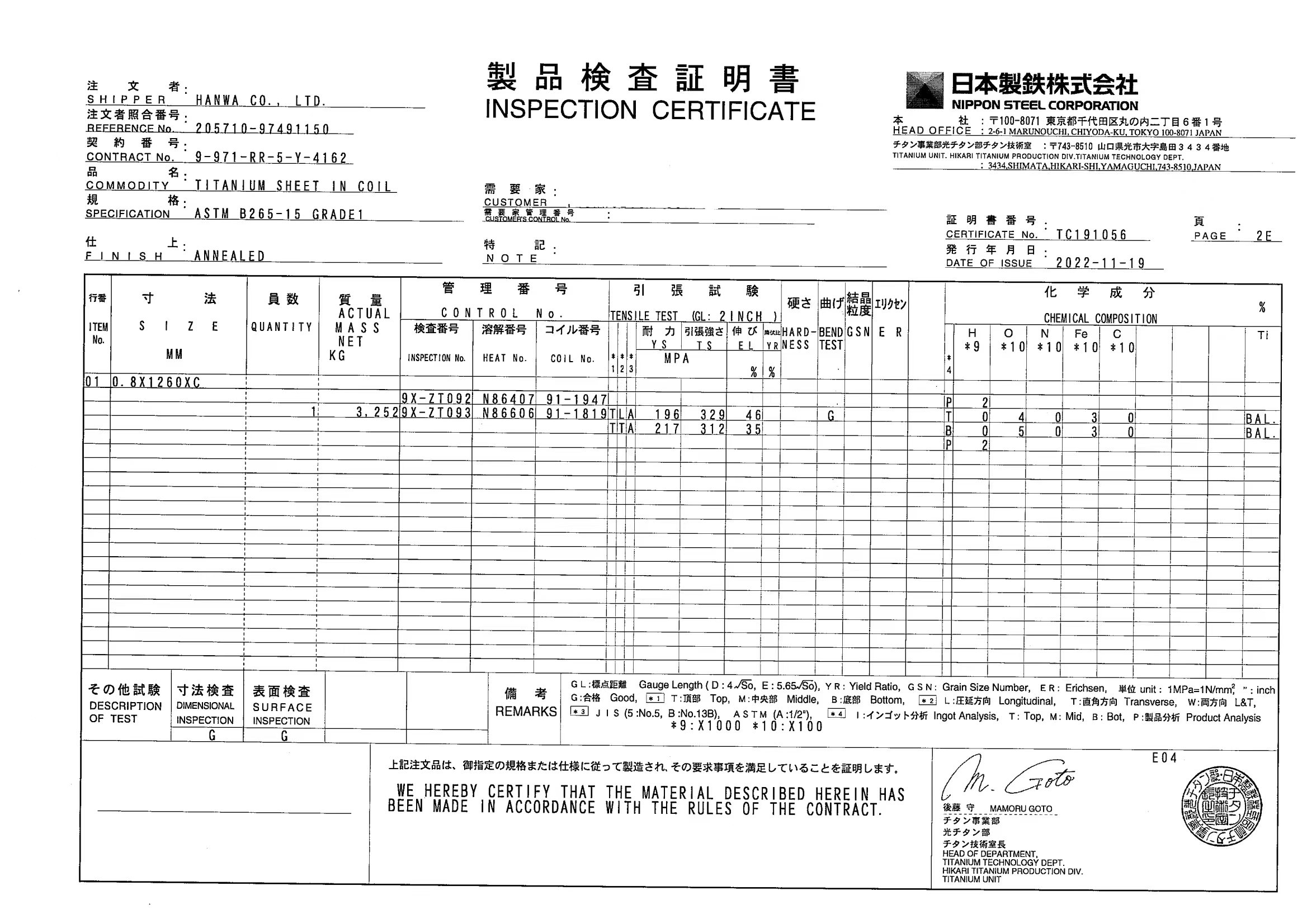 Titanium Certificate