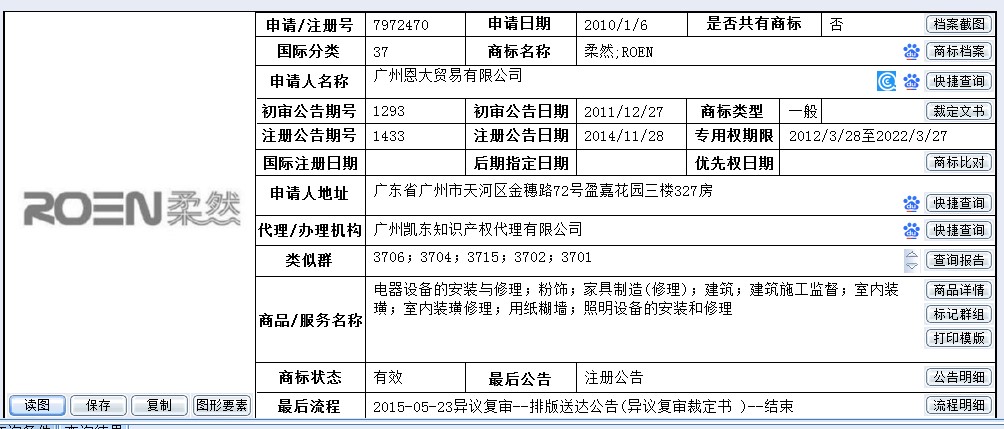 凯东商标转让服务_27类商标柔然;ROEN转让