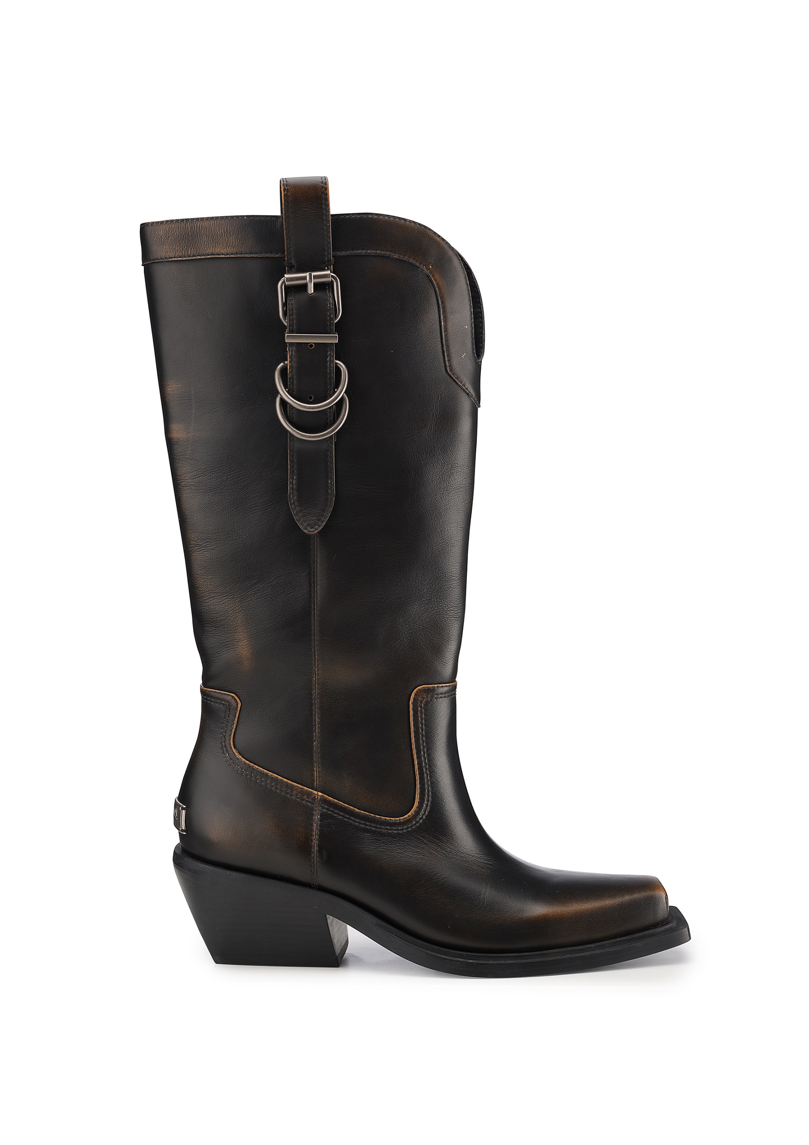 牛皮宽筒复古西部长靴