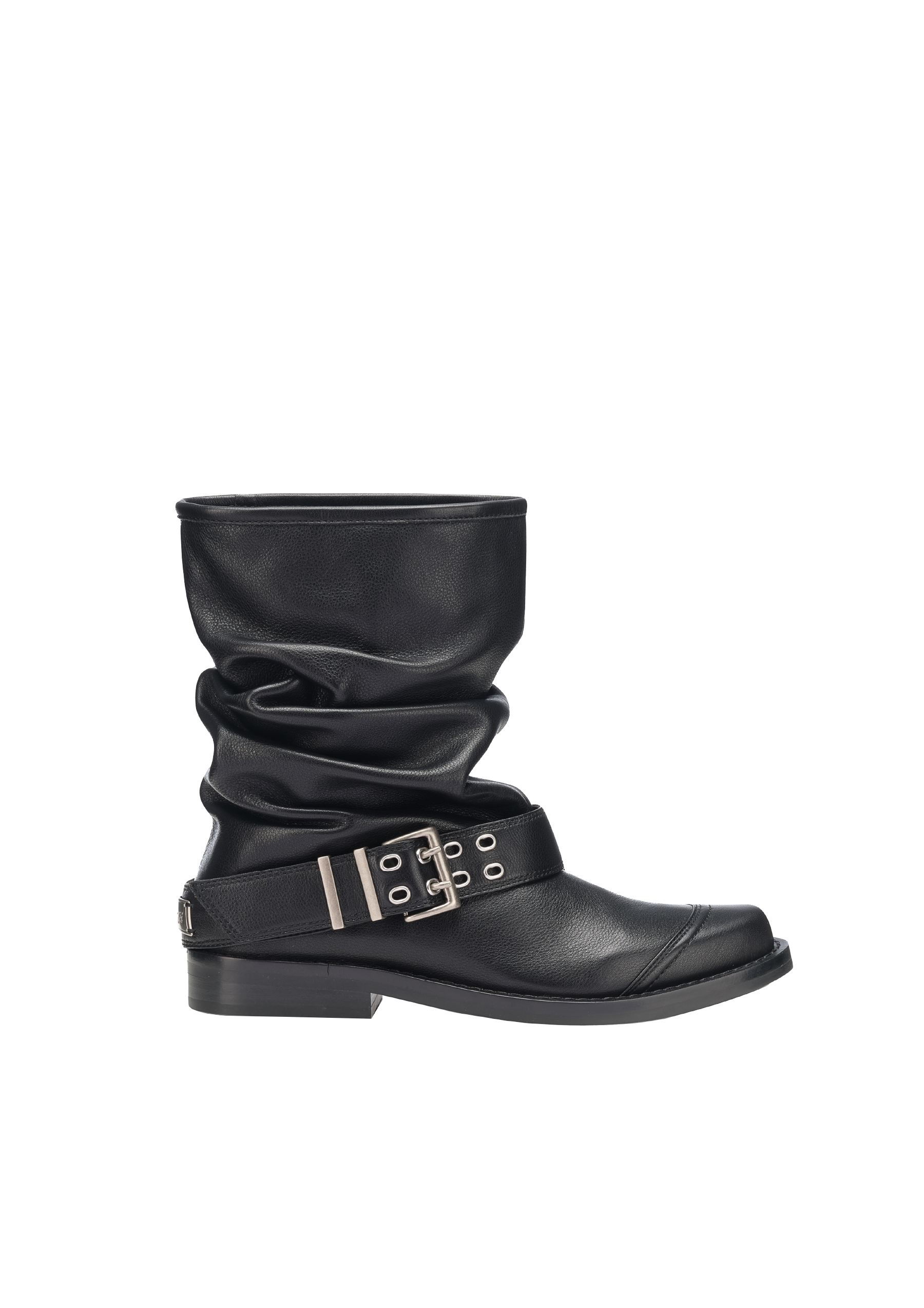 柔软牛皮宽筒皮带装饰皱褶堆堆短靴