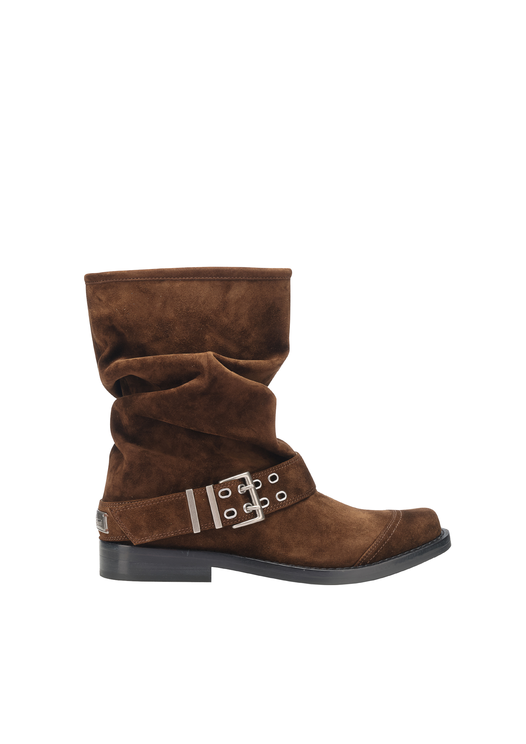 柔软牛皮宽筒皮带装饰皱褶堆堆短靴