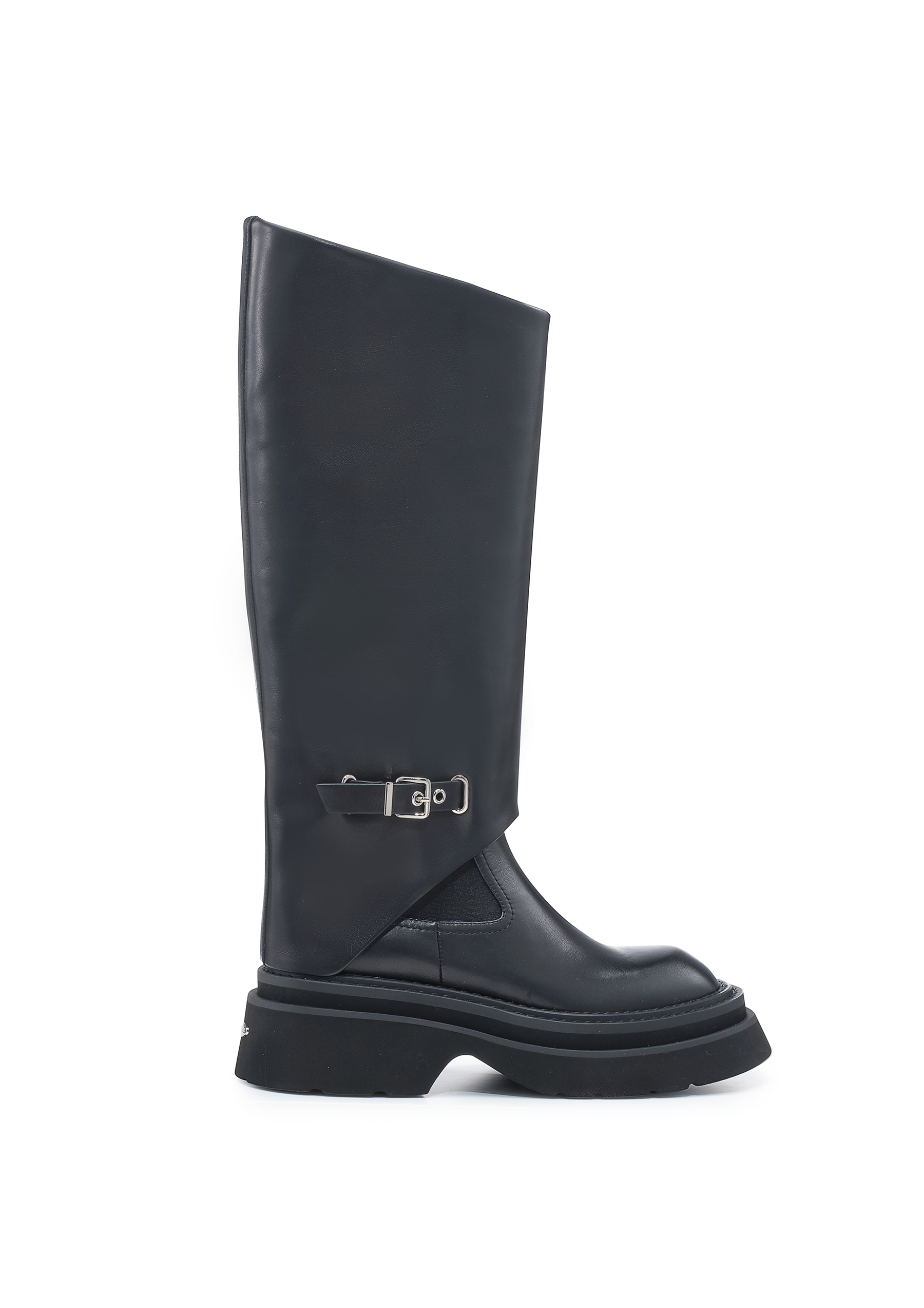 胎小牛皮厚底裤管长筒靴