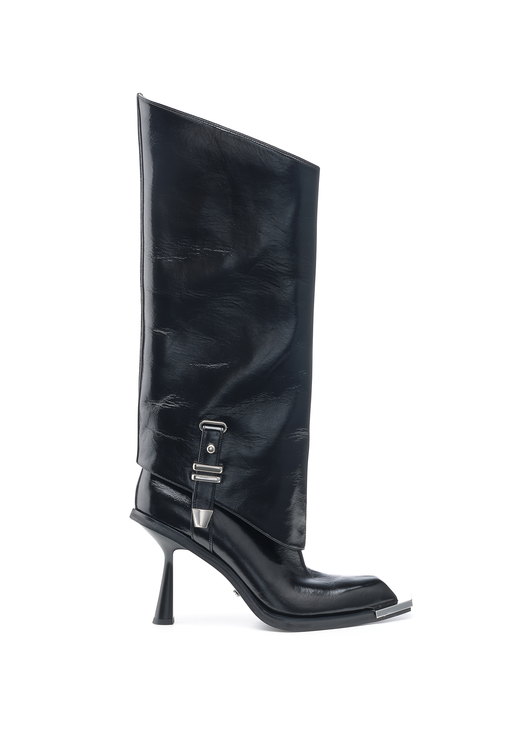 油蜡牛皮高跟一脚蹬宽筒直筒长靴