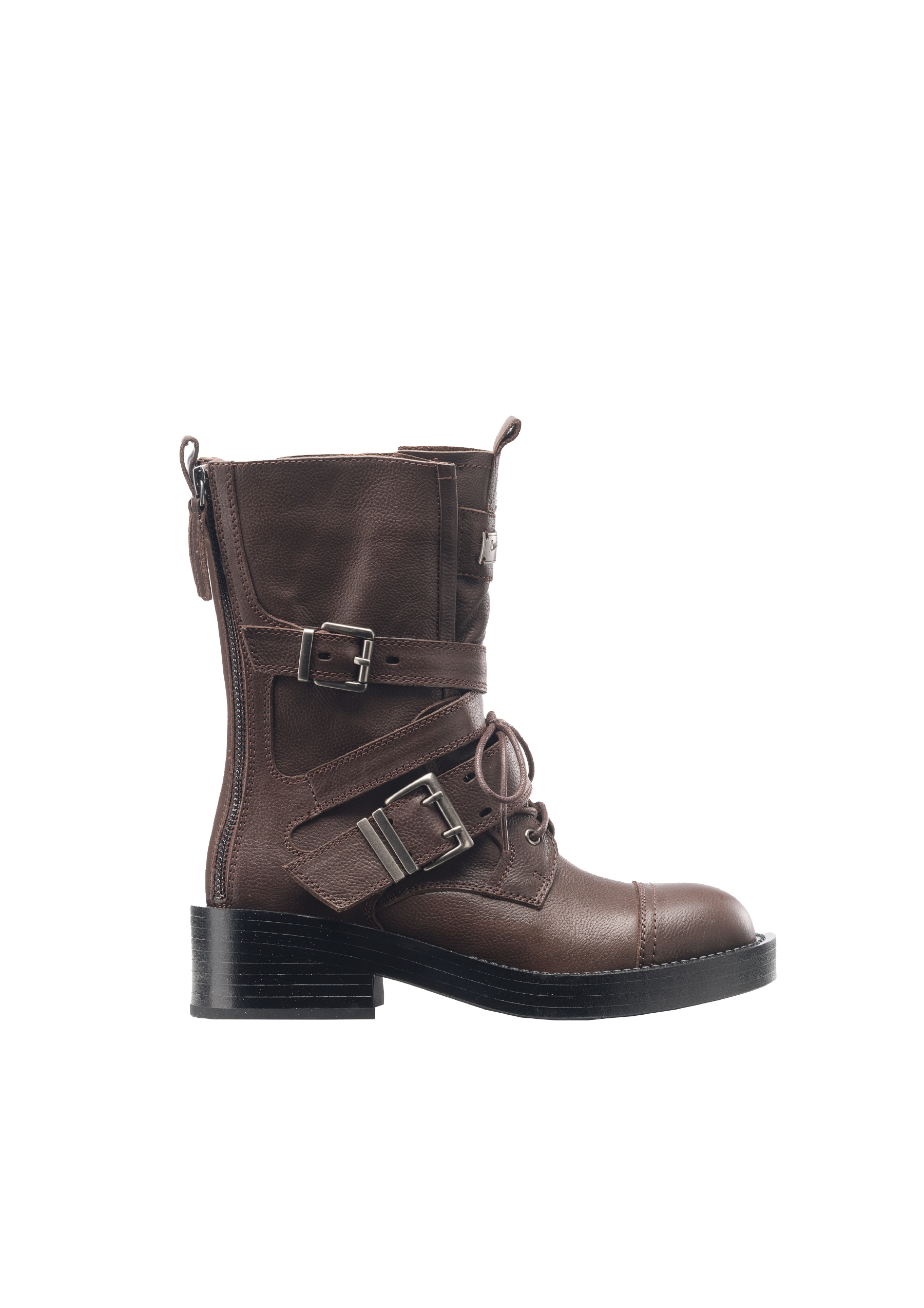 软牛皮后双金属拉链中跟偏朋克休闲马丁靴