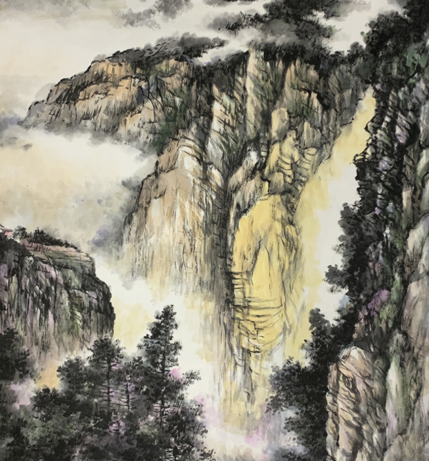 客厅沙发后面挂着山水画很好