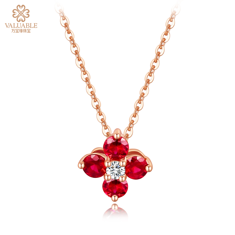 【四叶草】玫瑰18K金时尚红宝石钻石项链