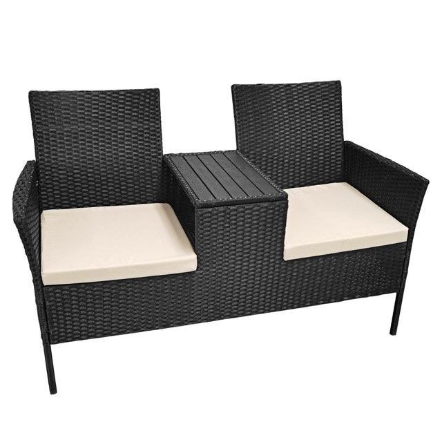 Poly Rattan Garden Bench 2-Seater Table in the Middle Cushion Weatherproof Garden Balcony Cinema Bench Black