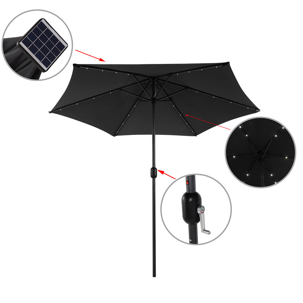 2.7M Outdoor 24 Leds Solar Powered Lighted Patio Market Straight Garden Umbrella with Hand Push Tilt And Crank cafe umbrellas