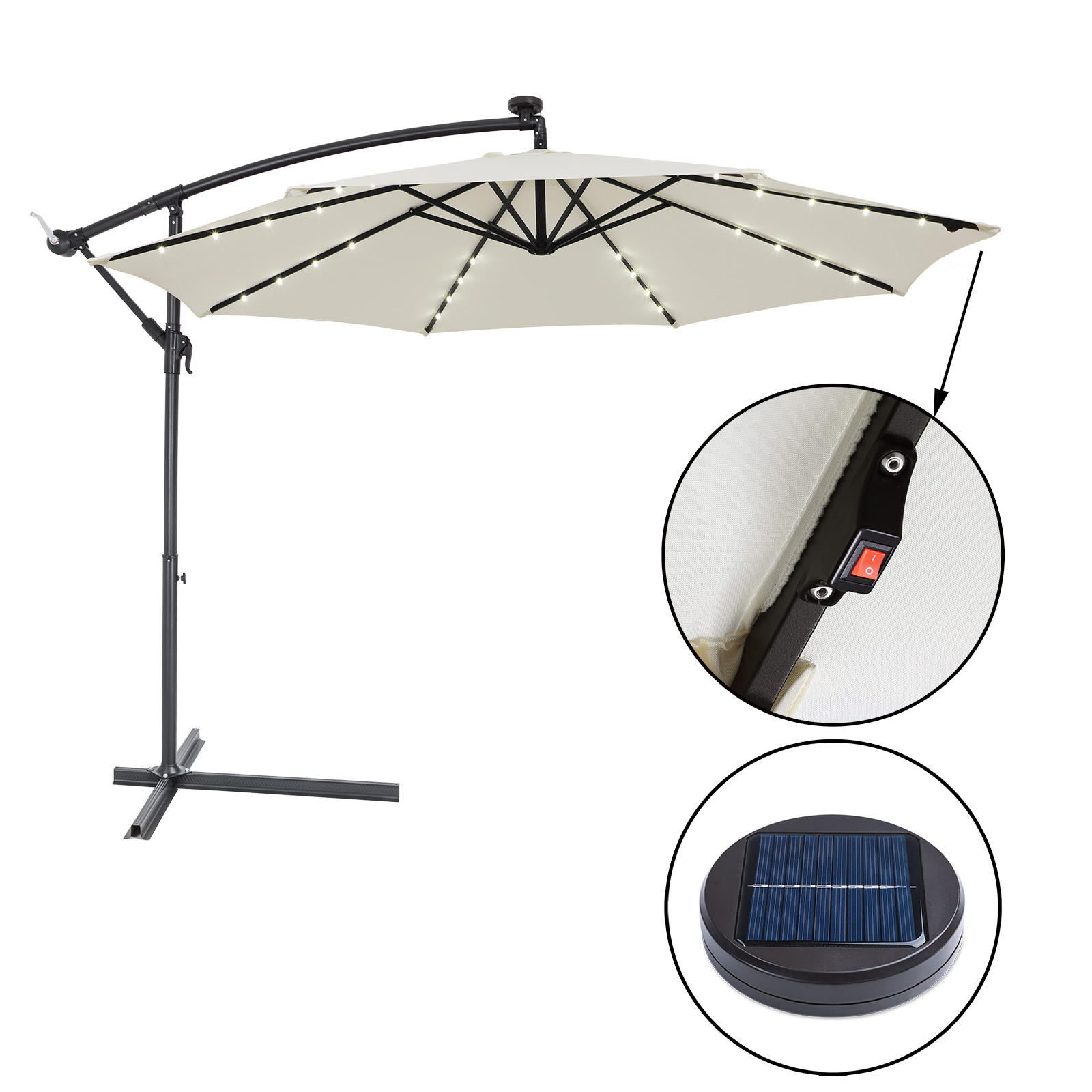 3.3m Outdoor Furniture LED Parasol Sun Shade Cantilever Banana Hanging Umbrella With Silicon Solar Panel cafe umbrellas