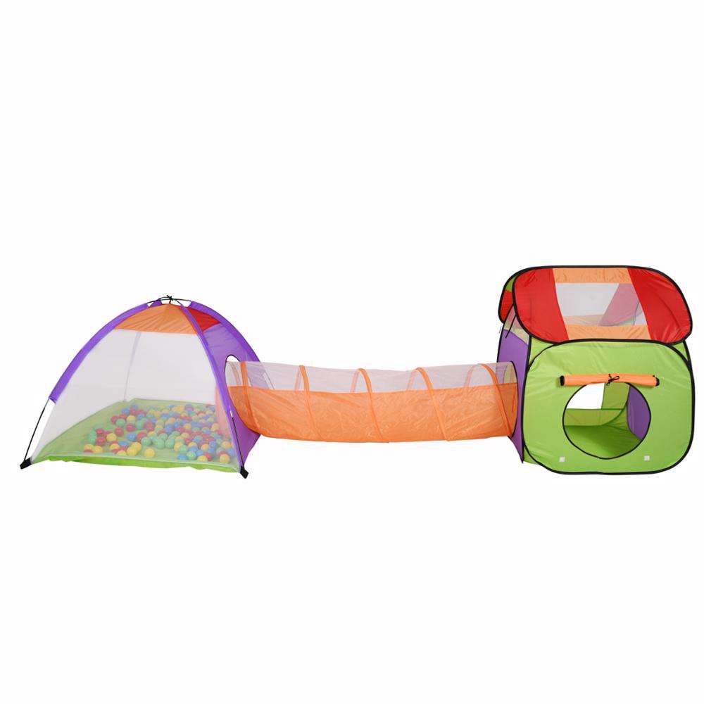 3-Piece Children Play Tent Set of Square Cubby, Triangle Cubby and Spring-Pop Tunnel with 200 balls
