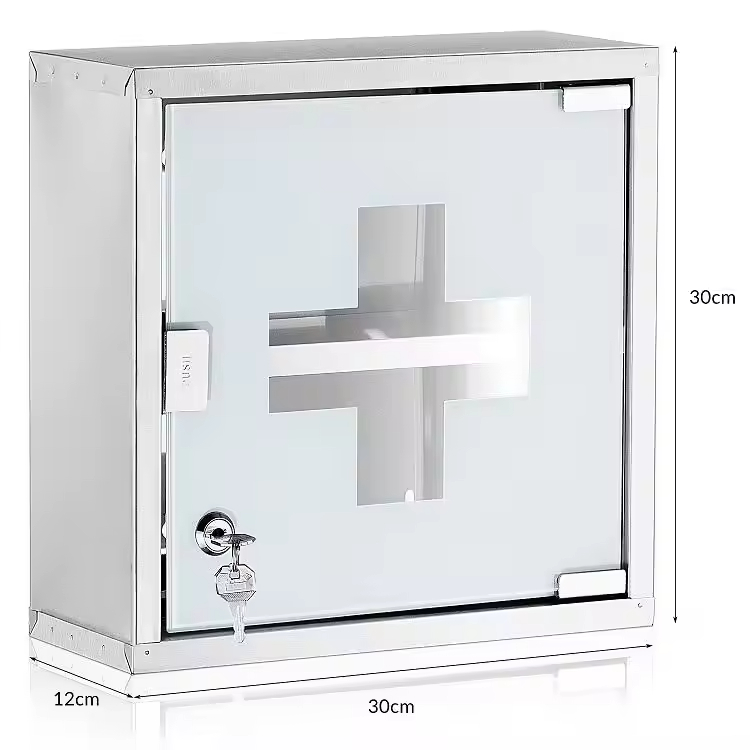 Wall Mounted Medicine Cabinet Stainless Steel Glass Door Double Key Lock Child Proof Storage Cabinet