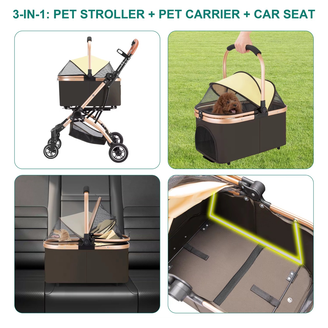 Aluminum Frame EVA Wheels Heavy Duty Foldable Carrier Removable Design Travel Solution Cat Dog Pet Stroller