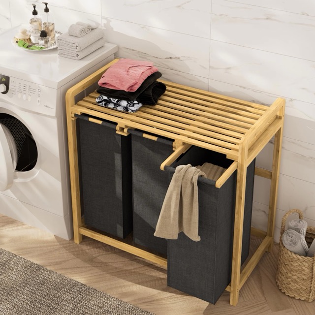 3*50L Three- Section Bamboo Laundry Basket Cloth Organizer Storage Box Laundry Basket
