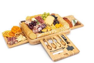 Bamboo Cheese Board and Knife Set: Large Charcuterie Board Set Wine Meat Cheese Platter Unique Gift