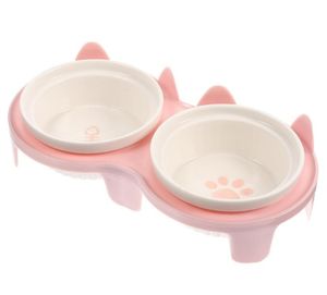 Cat Ceramic Double Bowl Feeder Dishes Reusable Elevated Pet Bowl