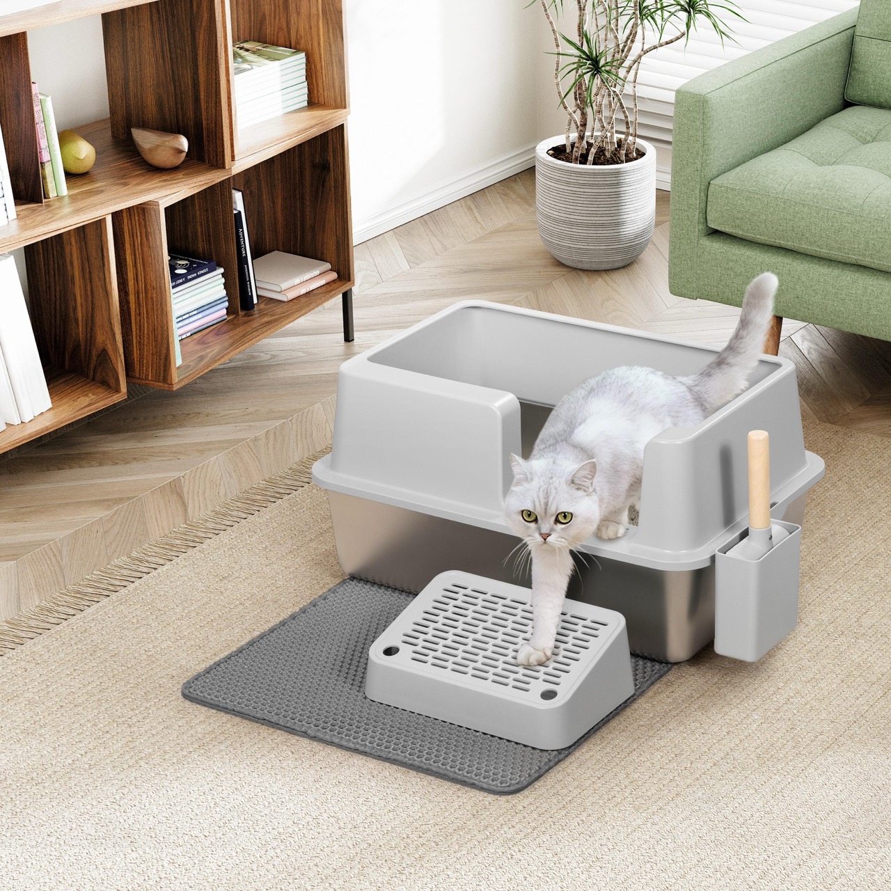 Semi Enclosed Structure Stainless Steel Design Anti Splash Feature Easy Clean Surface Durable Pan Cat Litter Box