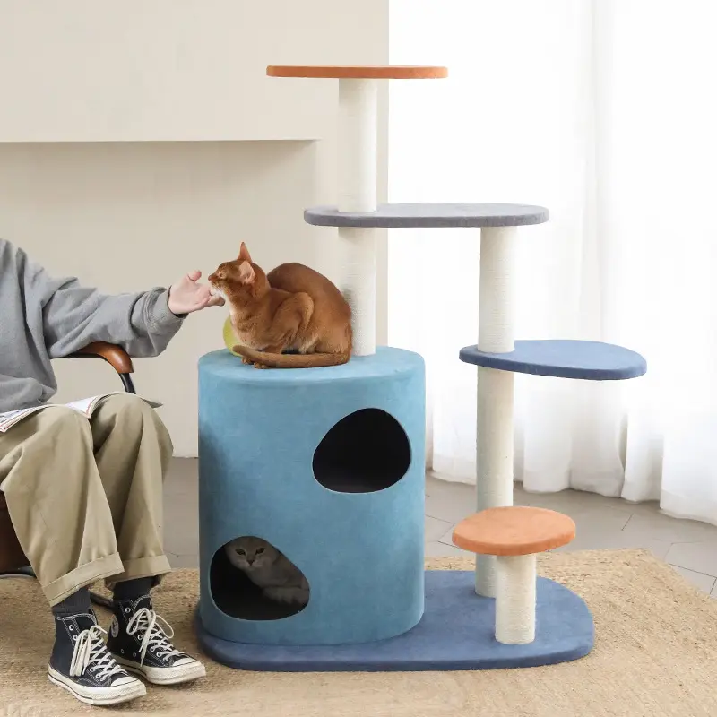 Hot Selling Geometric Cat Climbing Frame Wood-based Panel And Polyester Cat Tree House For Household
