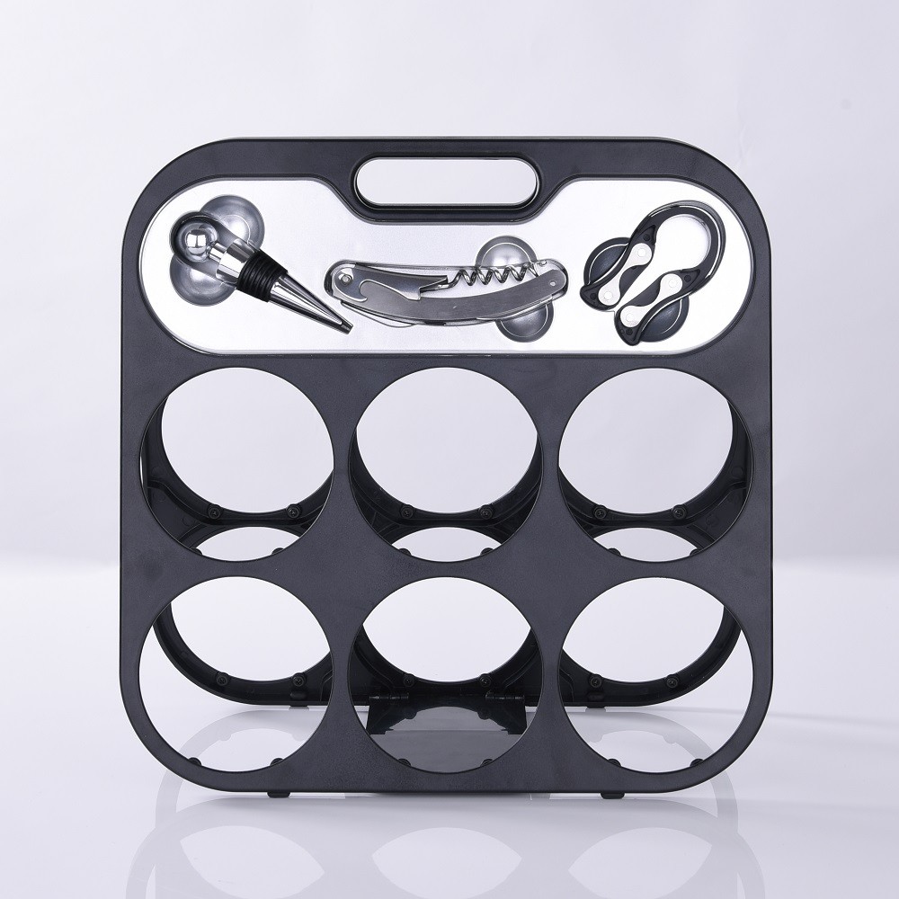 2 Tier Folding Wine Rack Adjustable Plastic Holder 6 Bottle Display with Opener Plug Foil Cutter