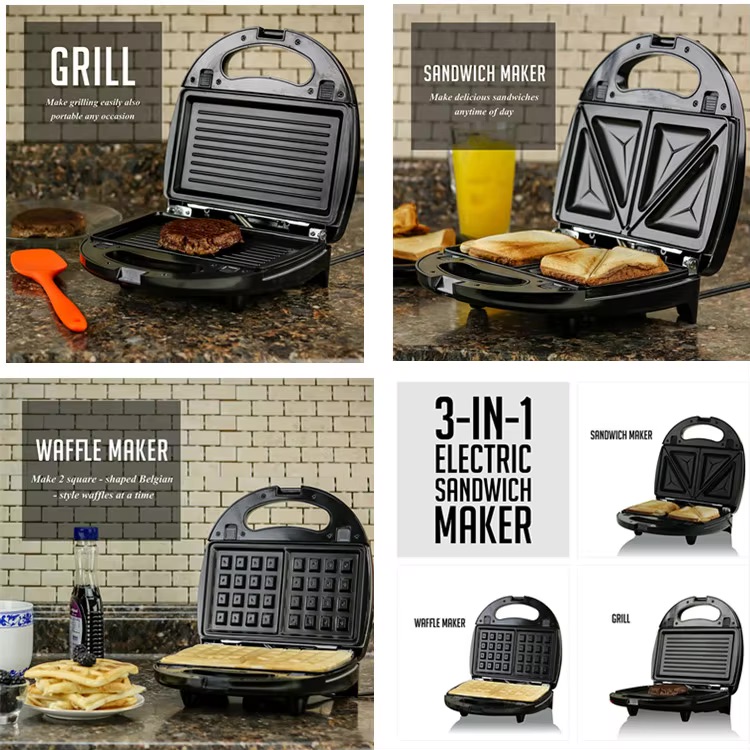 3 in 1 Electric Sandwich Maker With Detachable Non-Stick Waffle and Grill Plate Press Breakfast Waffle Panini Toaster Maker
