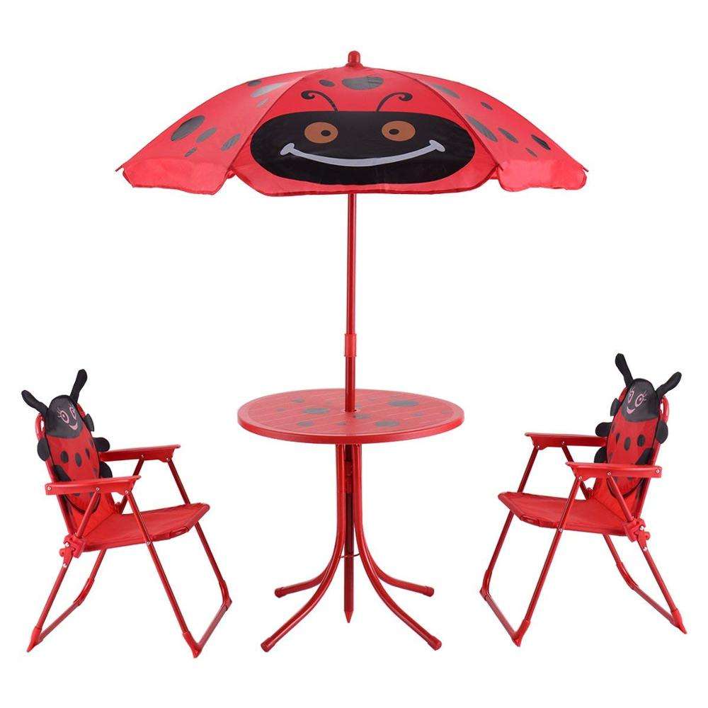 Ladybug Folding Table and Chair Kids Patio Set Picnic Table with Removable Umbrella for Outdoor Garden