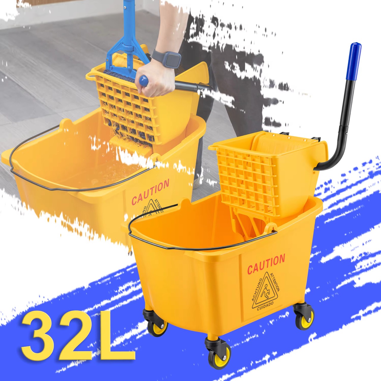 32L Commercial Heavy Duty Floor Cleaning Mop Bucket with Side Wringer
