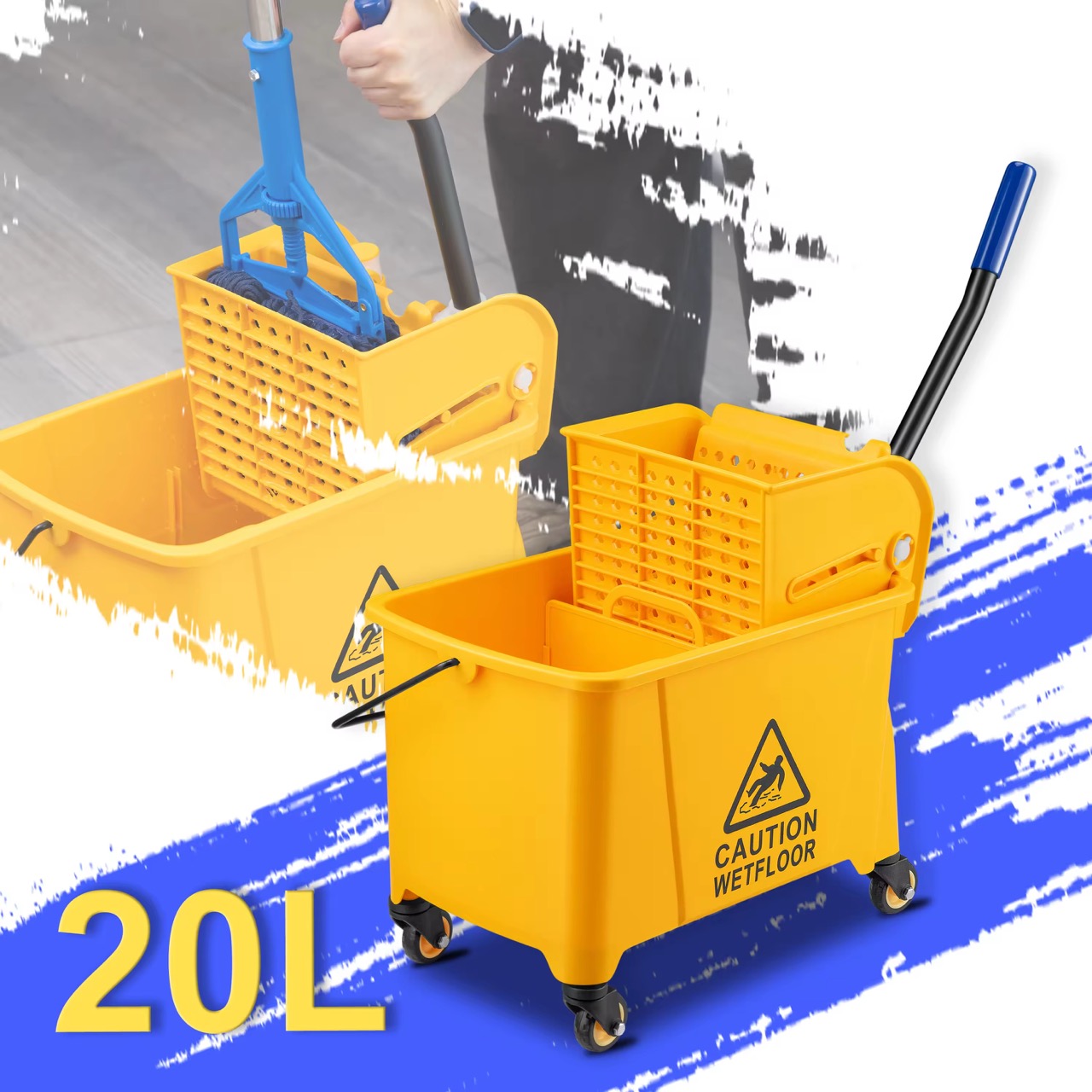 20L Commercial Hand Press Floor Cleaning Cart Heavy Duty Floor Cleaning Mop Bucket with Side Wringer