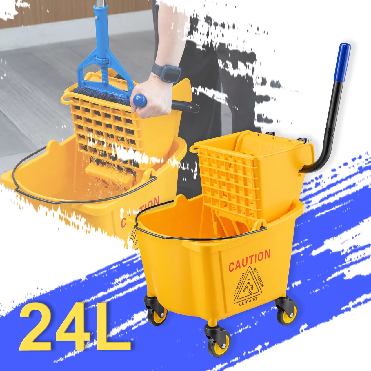 24L Commercial Heavy Duty Floor Cleaning Mop Bucket with Side Wringer