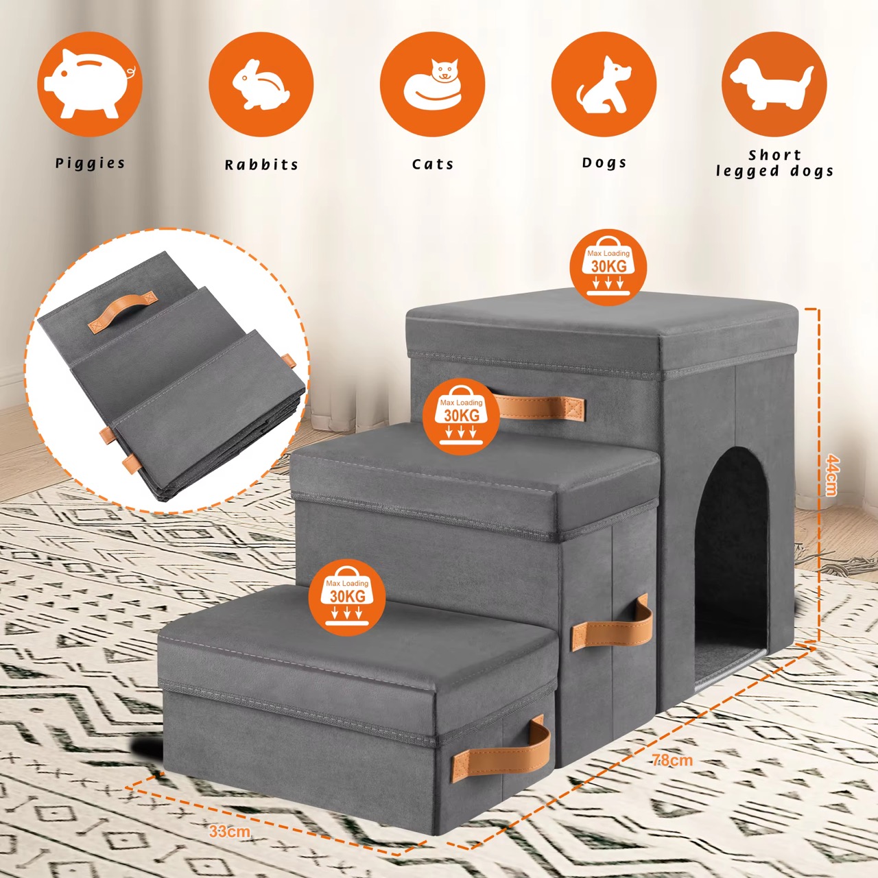 Foldable Pet Furniture for Small Dogs and Cats Non-slip with Storage Box 3 Step Pet Dog Climbing Ladder Stairs Ramp
