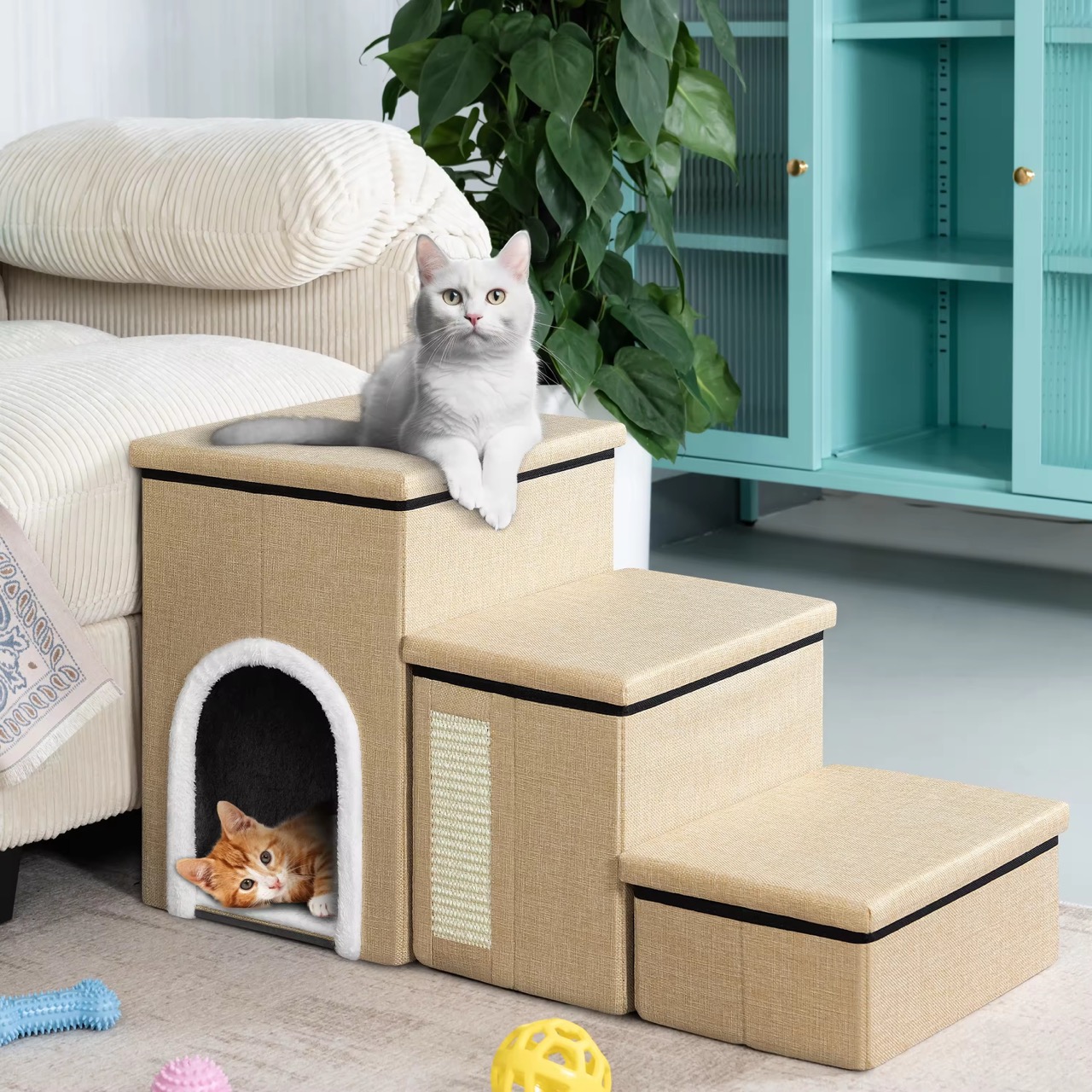 Hot Selling Foldable Pet Furniture Non-slip with Storage Box 3 Step Pet Climbing Stairs Ramp