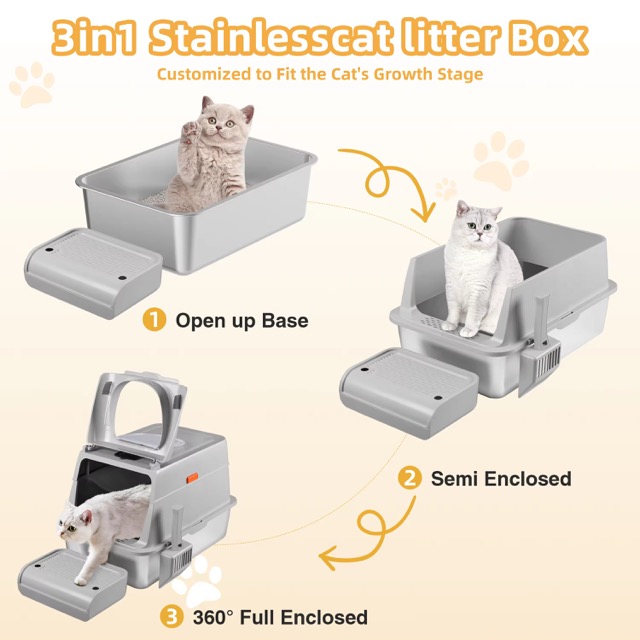 Detachable Tray Cat Toilet Extra Large Stainless Steel Non Stick Design Splash Guard High Side Structure Litter Box