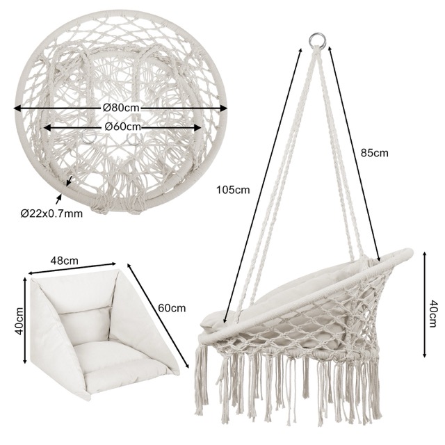 Hanging Chair with Large Soft Ceiling Hook, Braided Fringes Cotton Hammock Set for Hanging