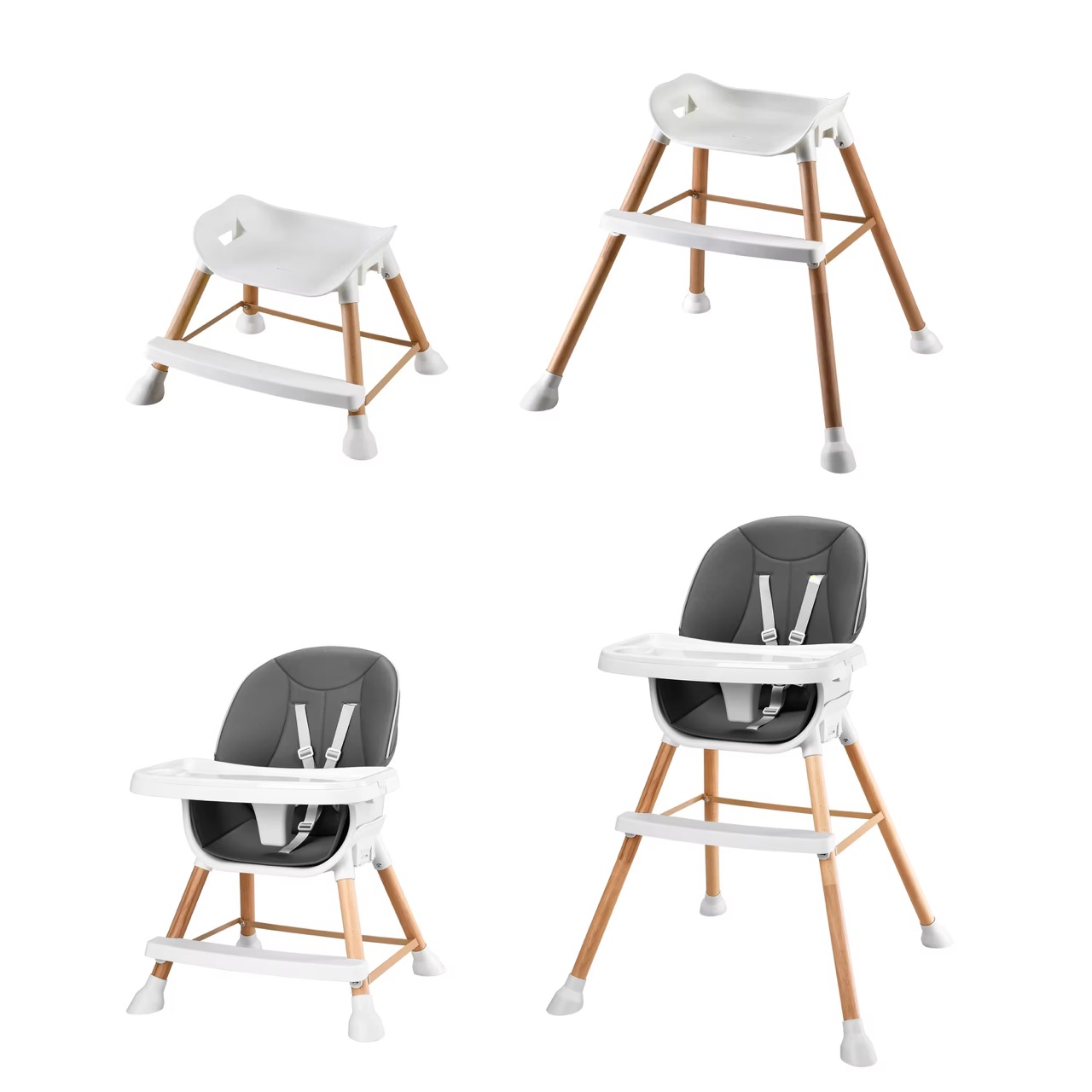 Baby High Chair 2-in-1 Combination High Chair Wooden Legs 5-point Belt Footrest Removable Tray White