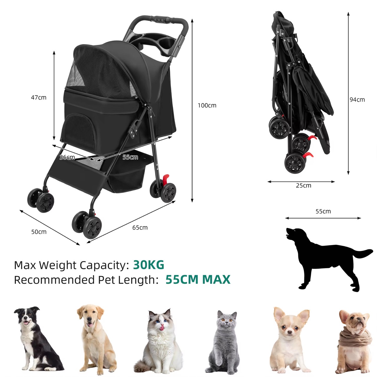 Small Animals Carrier Lightweight Max Loading 30kg Foldable 4 Wheel Pet Stroller