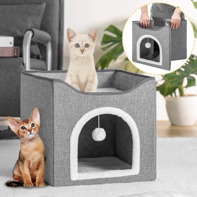 Cats Foldable Hideaway Mechanical Washable Pet Shelter Cat house Cat bed with Toy Ball Scratch Pad Pet bed