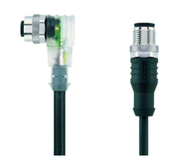 M12 母頭, 彎型, M12 公頭, 直型, 傳感器執(zhí)行器 電纜, 4+PE, A-編碼, 帶 LED