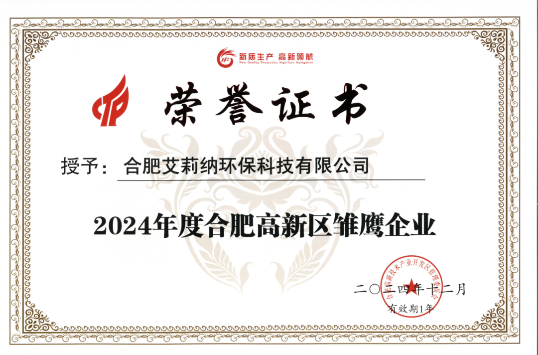 喜讯‖ 合肥艾莉纳环保荣获“2024年度合肥市高新区雏鹰企业”认定！