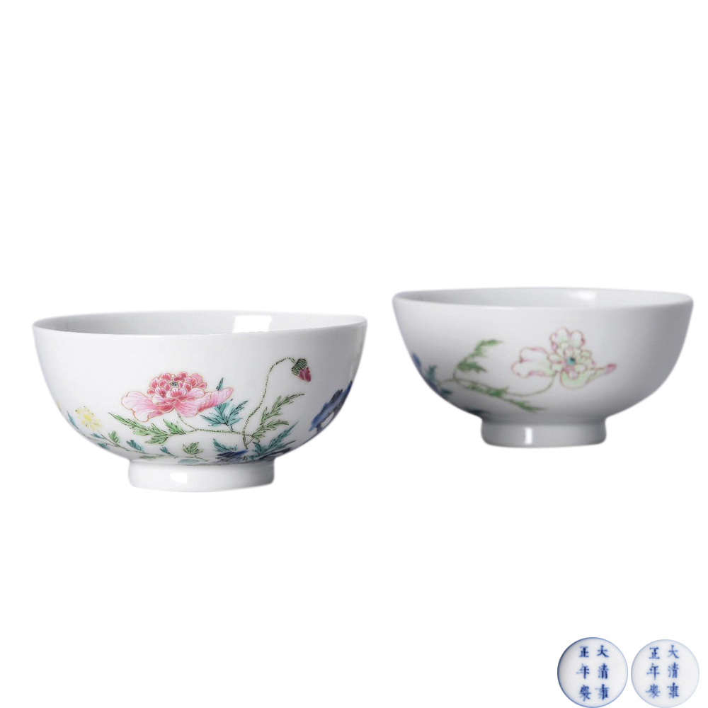 粉彩虞美人花卉碗 （壹對）