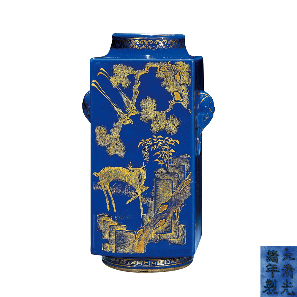 霽藍釉描金百祿圖象耳瓶