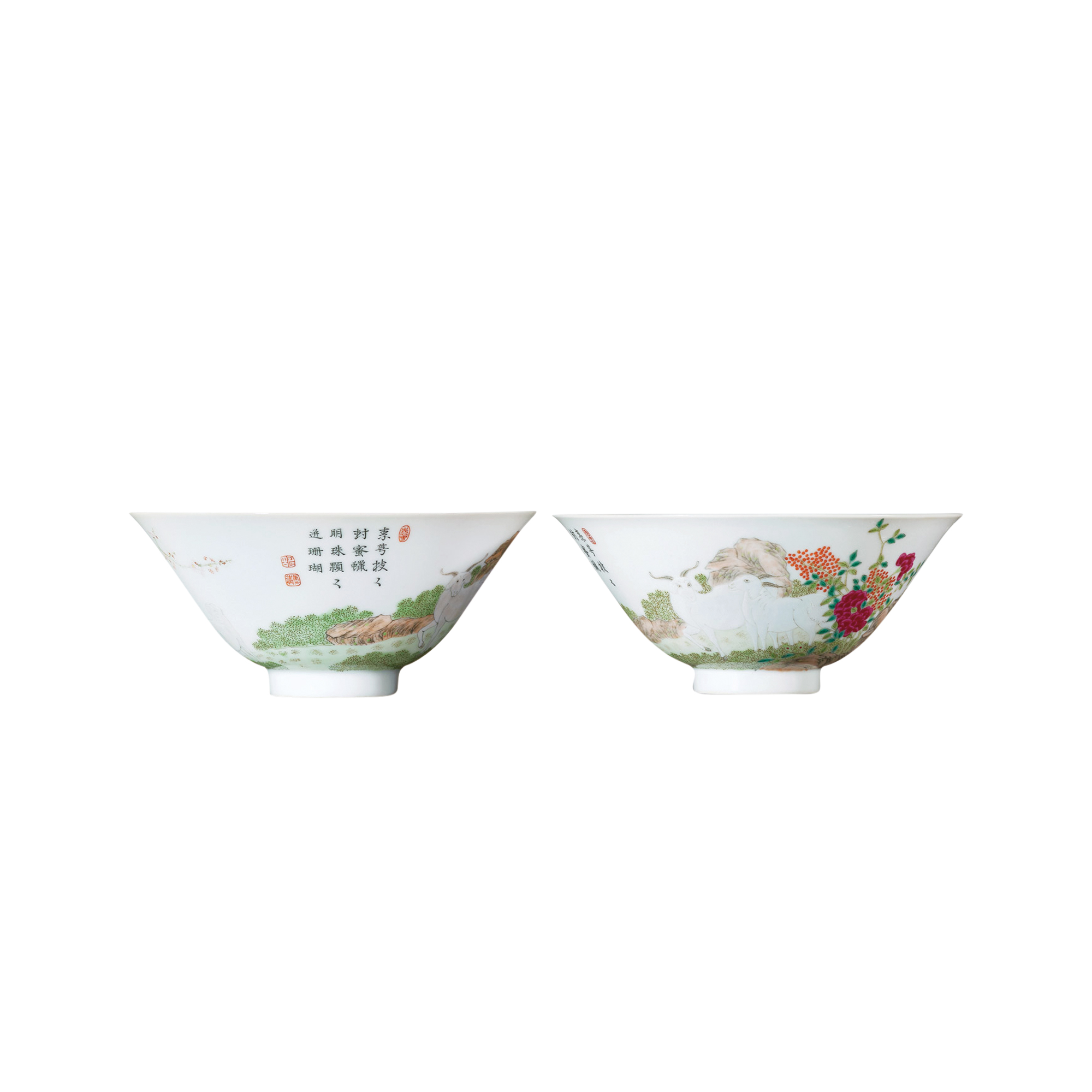 粉彩三羊開泰圖斗笠碗（二件）